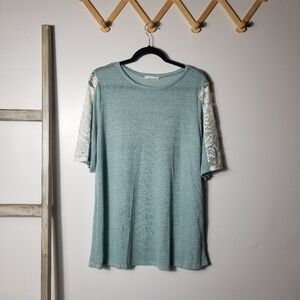 NWOT REBORN J WOMEN'S BLUE TEAL BLOUSE WITH WHITE LACE SIZE XL